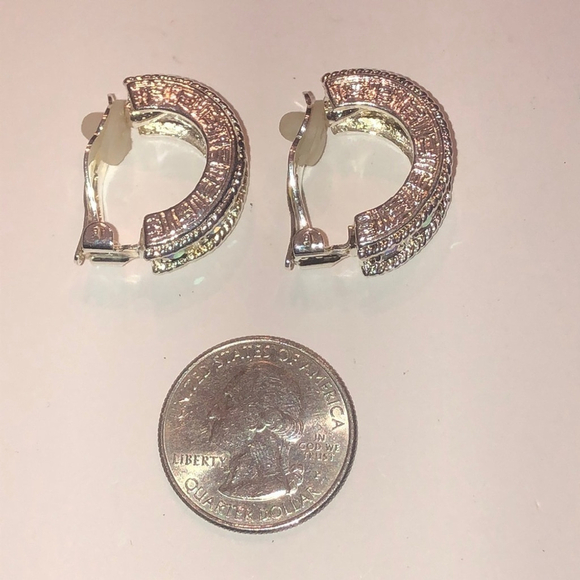 Vintage Silver Tone AB CZ Rhinestone Hoop Clip On Earrings - Picture 2 of 8